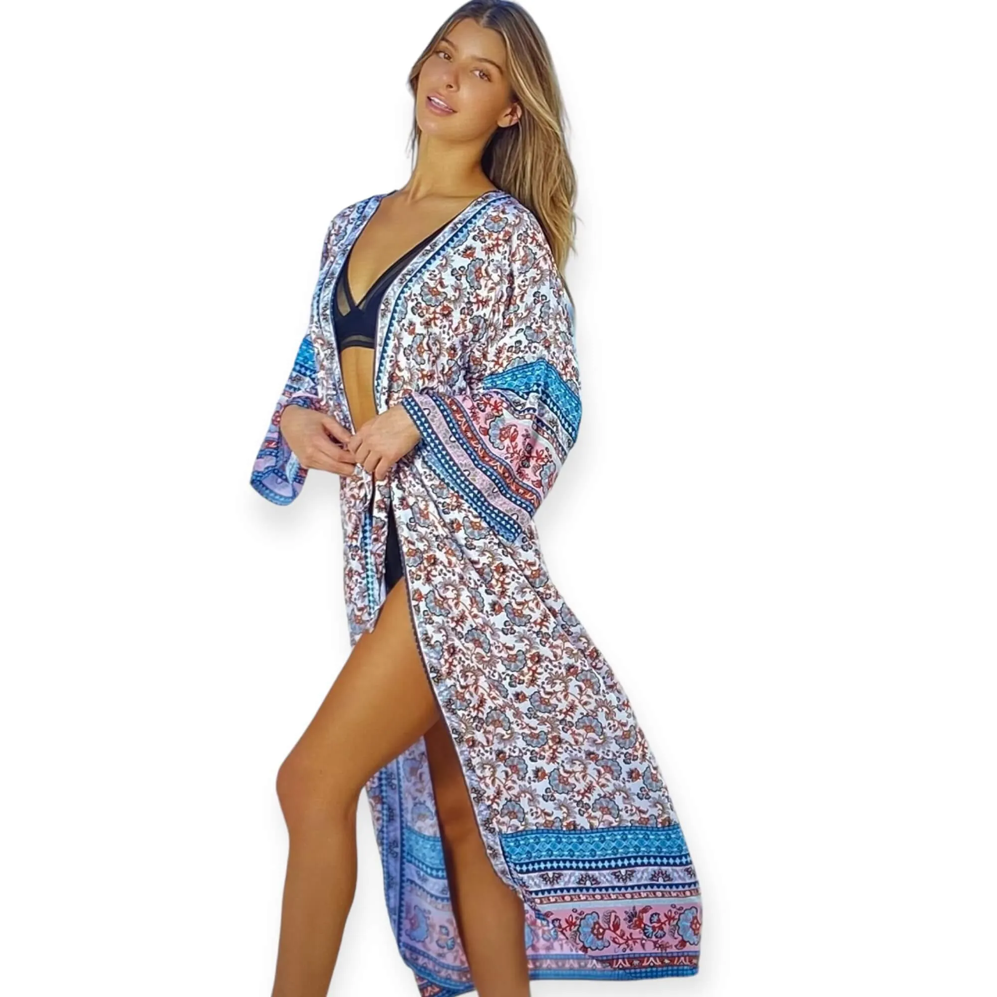 Boho Blue Paisley Long Kimono Robe