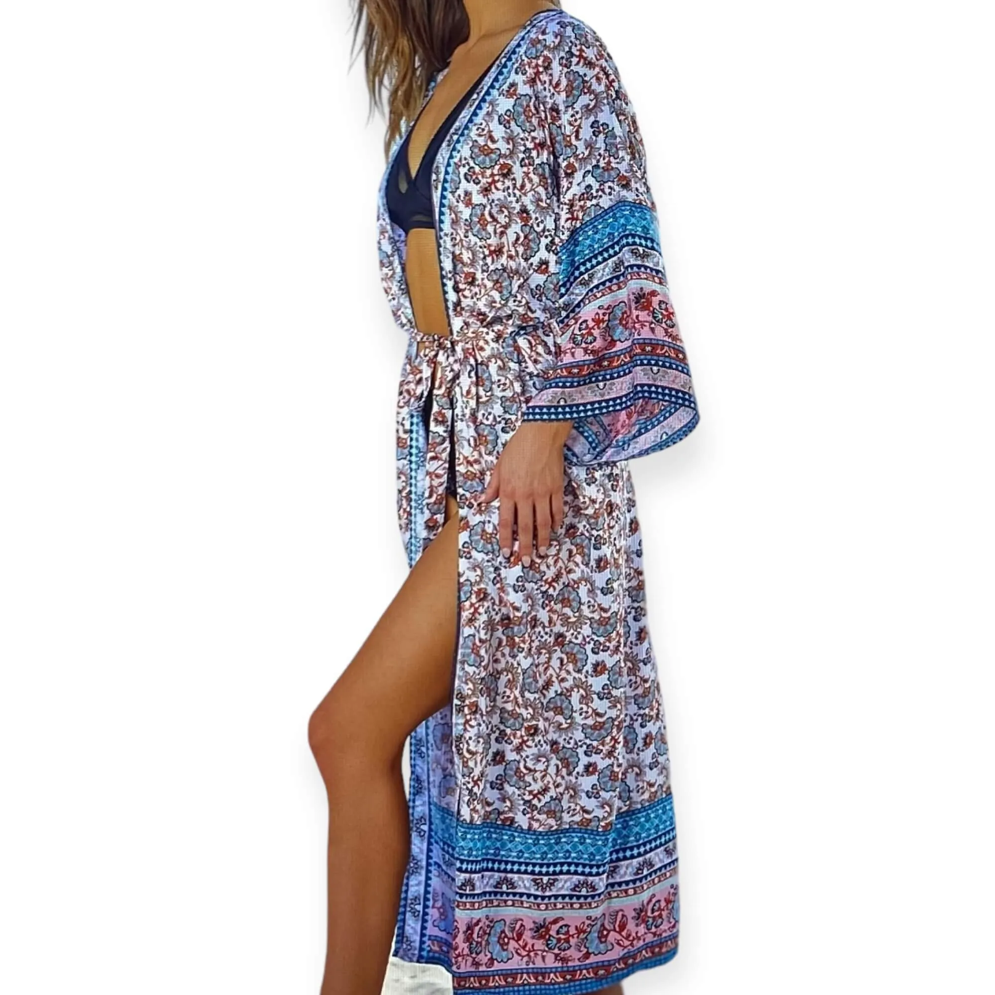 Boho Blue Paisley Long Kimono Robe