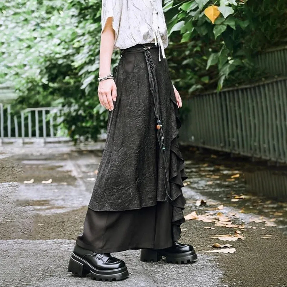 Bonsir Y2k Culottes Layered Dark Gothic Style Hakama Genderless Streetwear Fashion Japanese School Casual Wide Leg Samurai Pants Unisex