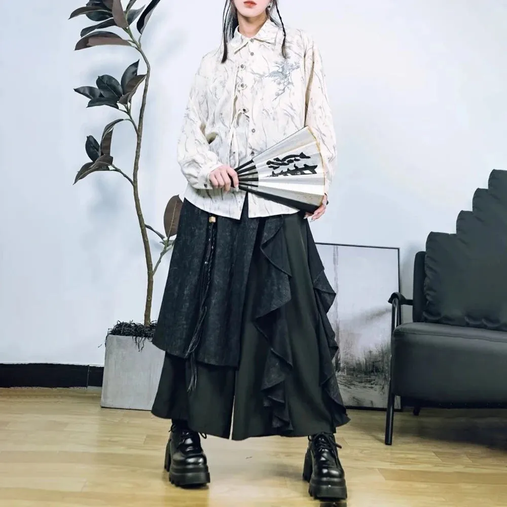 Bonsir Y2k Culottes Layered Dark Gothic Style Hakama Genderless Streetwear Fashion Japanese School Casual Wide Leg Samurai Pants Unisex