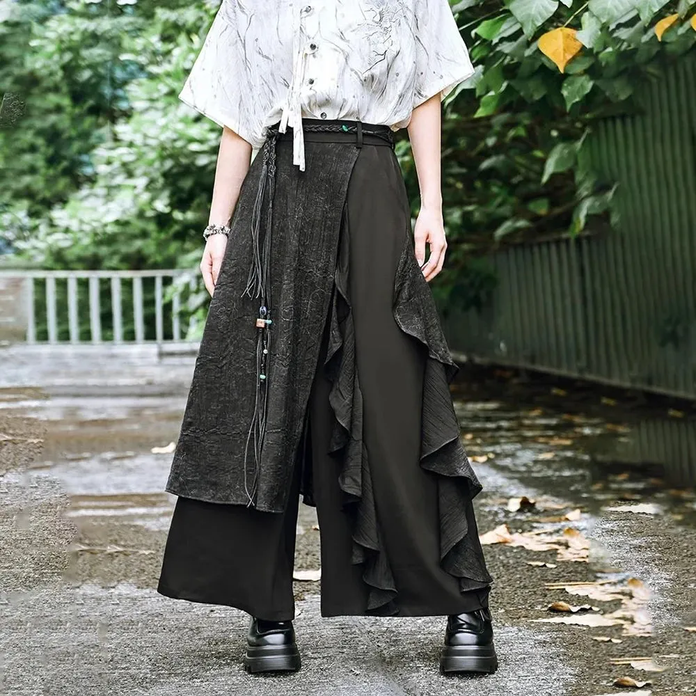 Bonsir Y2k Culottes Layered Dark Gothic Style Hakama Genderless Streetwear Fashion Japanese School Casual Wide Leg Samurai Pants Unisex