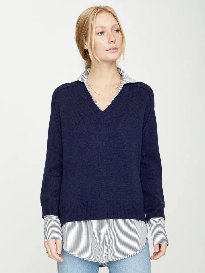 Brochu Walker - The Looker Printed Layered V Neck Sweater in Navy with Stripe Woven