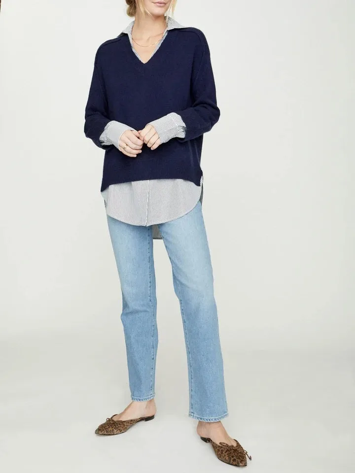 Brochu Walker - The Looker Printed Layered V Neck Sweater in Navy with Stripe Woven