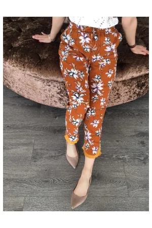 Brown Lily Print Frill Hem Trousers