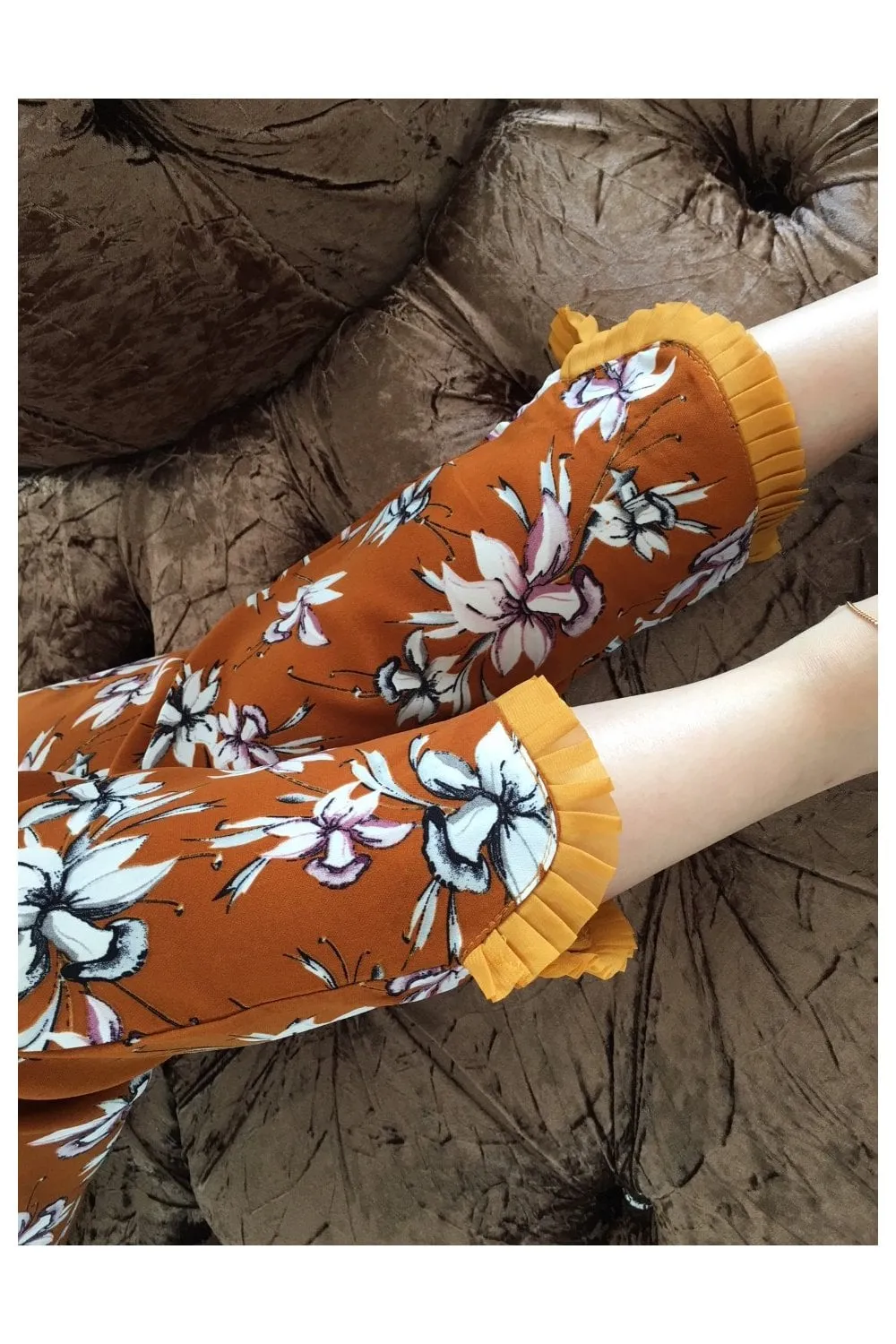 Brown Lily Print Frill Hem Trousers