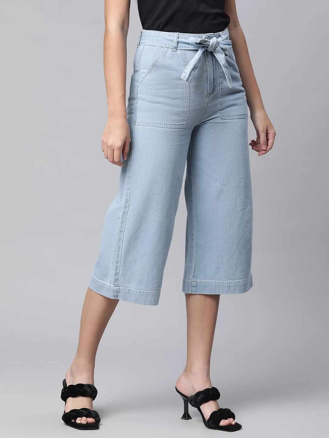 Calf-Length Sky Blue Cotton Blend Culottes For Women