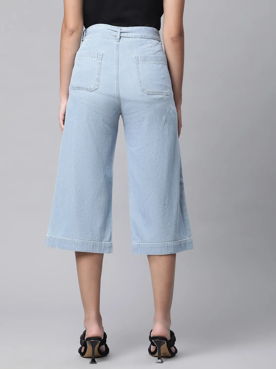 Calf-Length Sky Blue Cotton Blend Culottes For Women