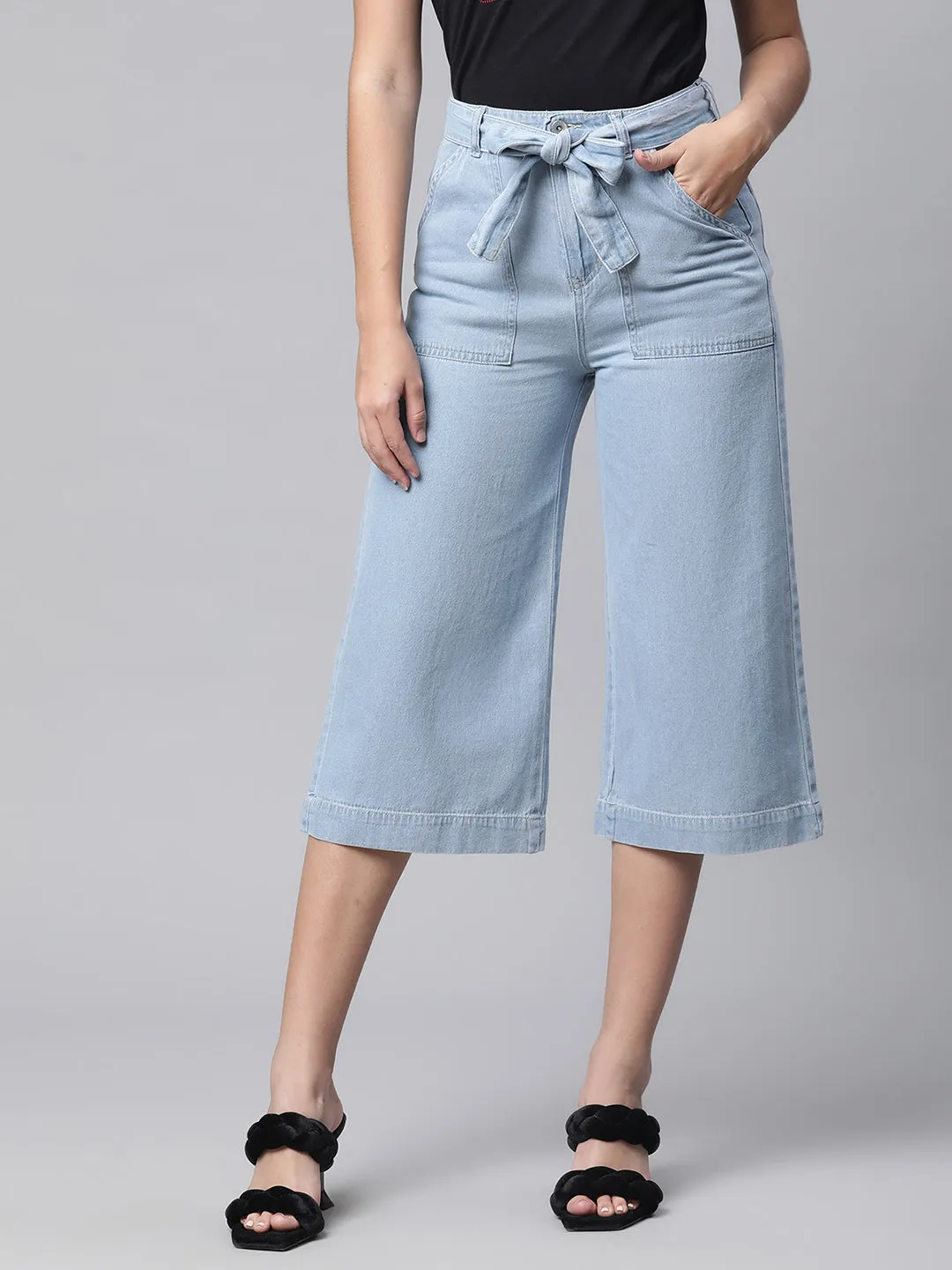 Calf-Length Sky Blue Cotton Blend Culottes For Women