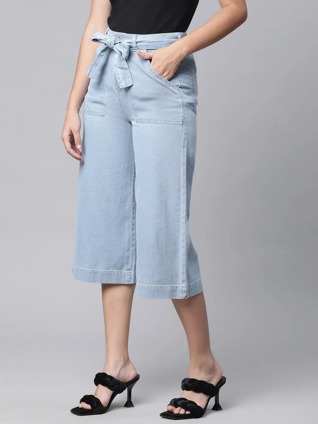 Calf-Length Sky Blue Cotton Blend Culottes For Women