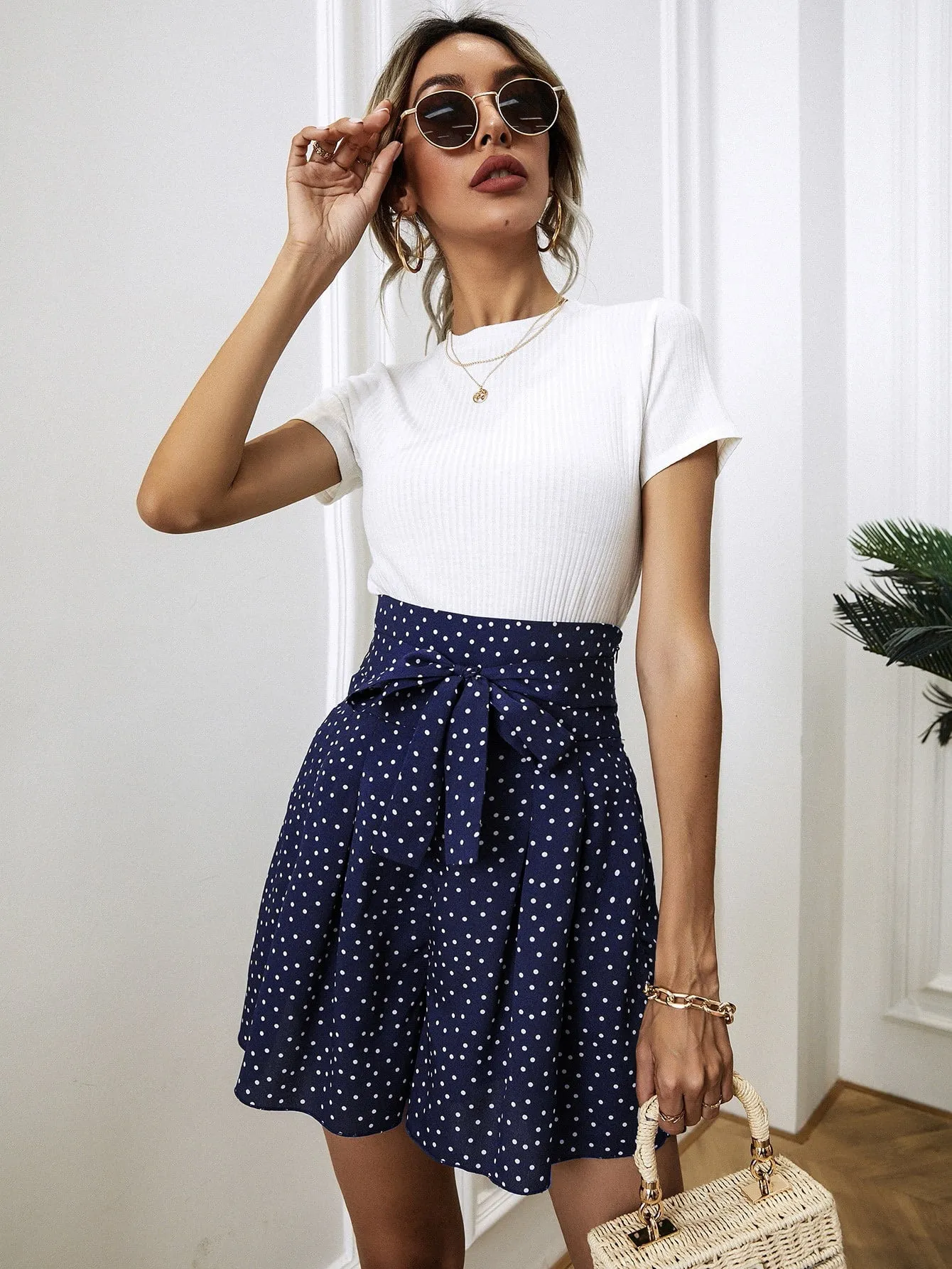 Casual Polka Dot Pleated High Waist Women Shorts