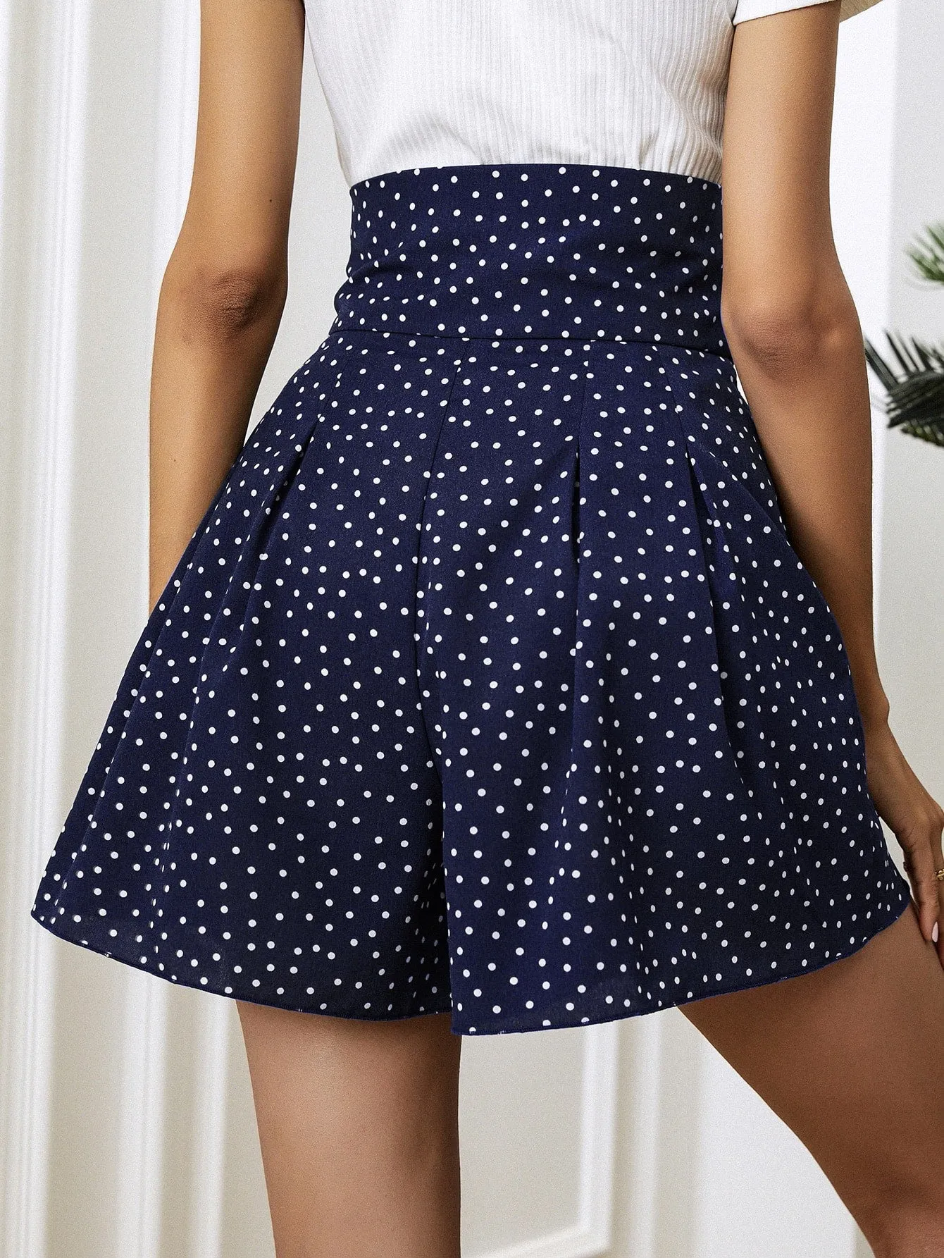 Casual Polka Dot Pleated High Waist Women Shorts