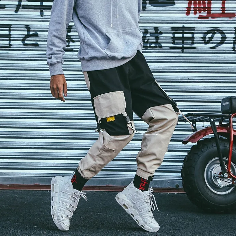 Cotton Patchwork with Side Pocket Ribbons Men Jogger Pants