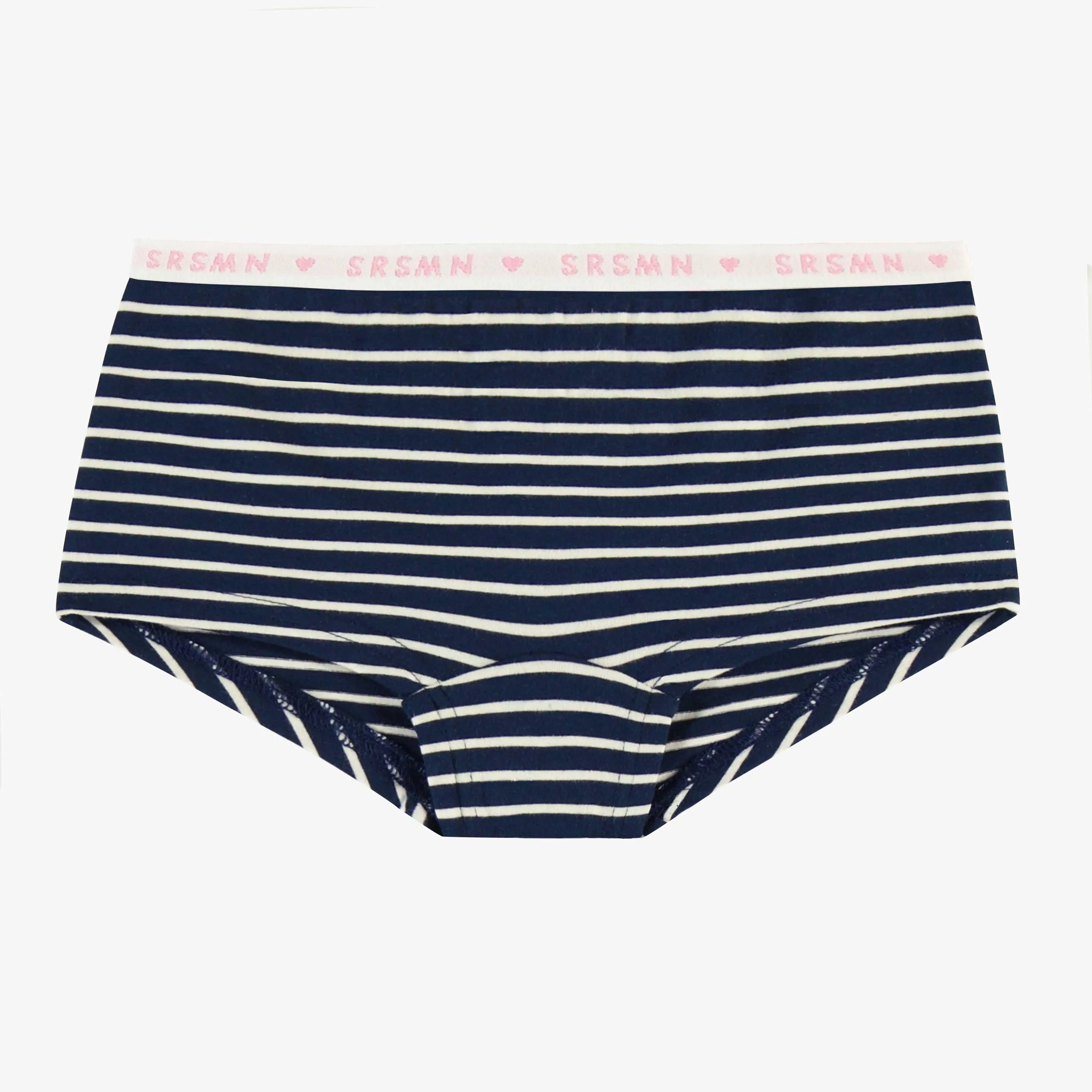 Culotte garçonne marine et blanche à rayures en jersey extensible, enfant  || Navy and white striped boycut panties in stretch jersey, child