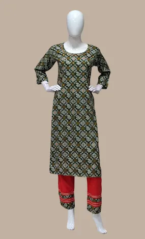 Dark Green Printed Kurti Top & Pants