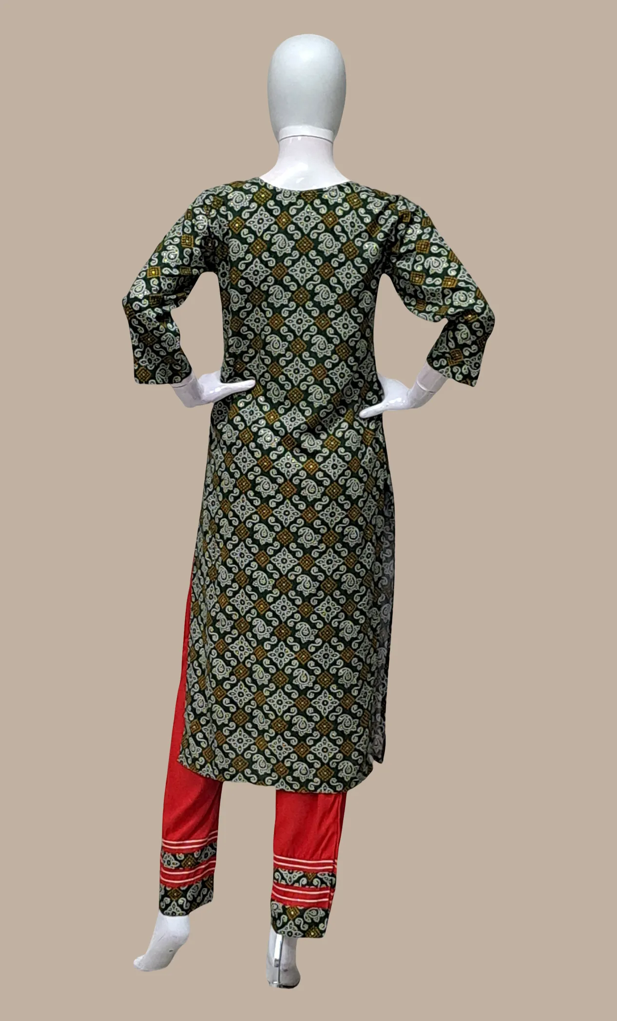 Dark Green Printed Kurti Top & Pants