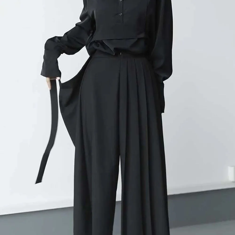 Darkness Versatile Slim Pleated Nine-Point Wide-Leg Pants Unisex Double-Layer High-Waisted Loose Tight-Waisted Straight Culottes