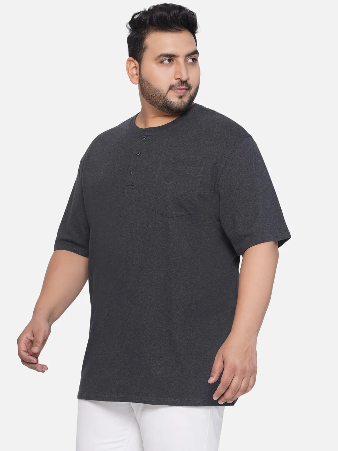 Denver Hayes - Plus Size Men's Regular Fit Pure Cotton Grey Solid Henley Neck Half Sleeve T-Shirt