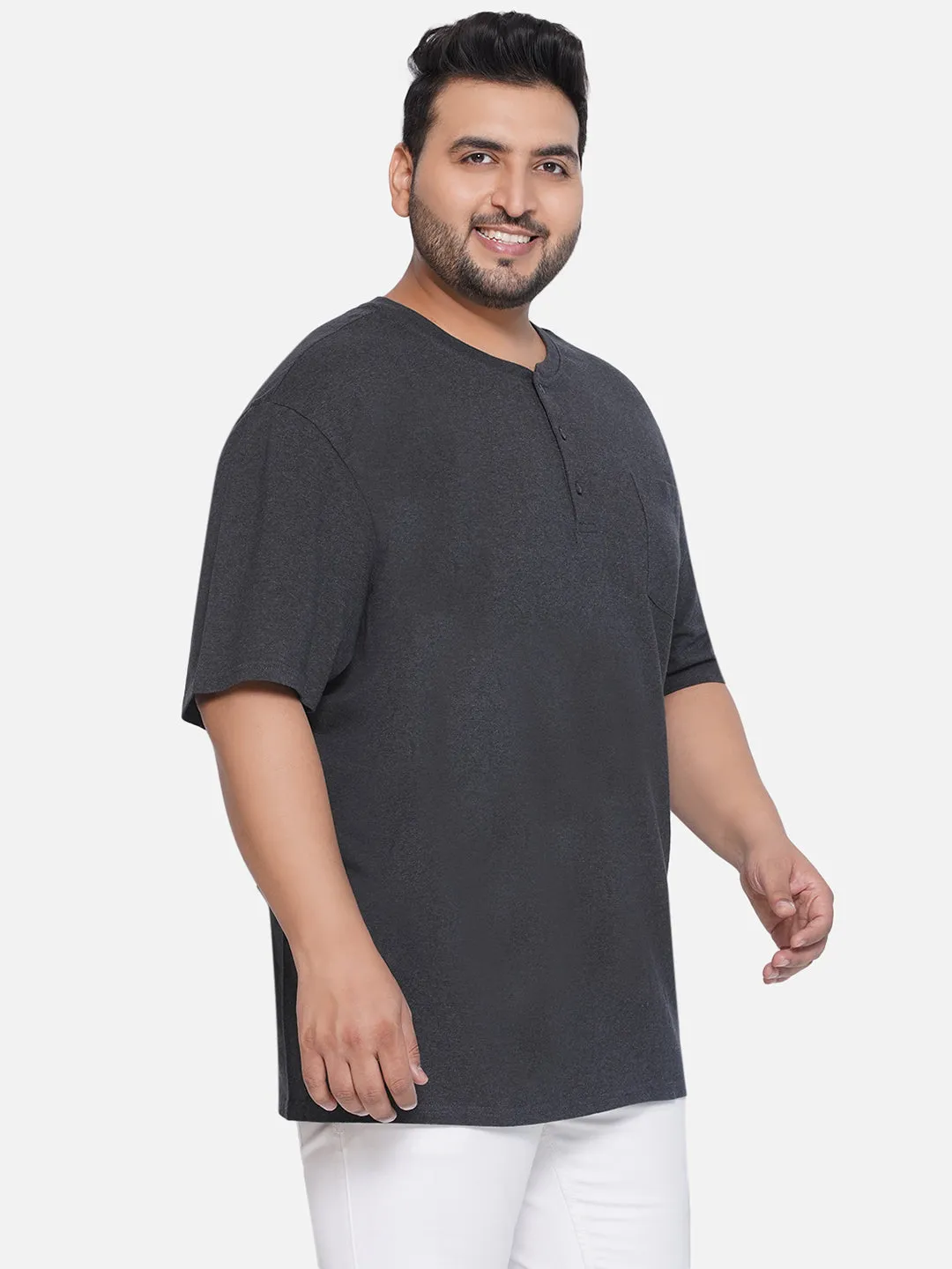 Denver Hayes - Plus Size Men's Regular Fit Pure Cotton Grey Solid Henley Neck Half Sleeve T-Shirt