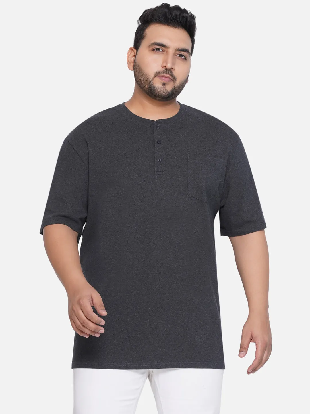 Denver Hayes - Plus Size Men's Regular Fit Pure Cotton Grey Solid Henley Neck Half Sleeve T-Shirt