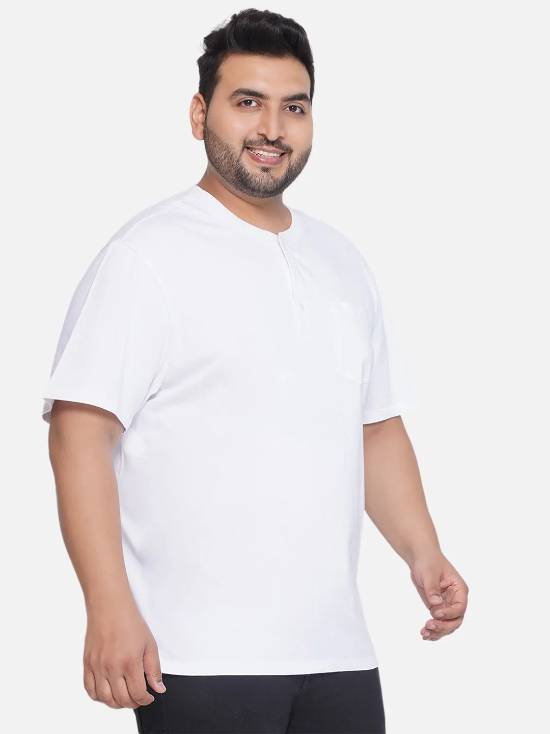 Denver Hayes - Plus Size Men's Regular Fit Pure Cotton White Solid Henley Neck Half Sleeve T-Shirt