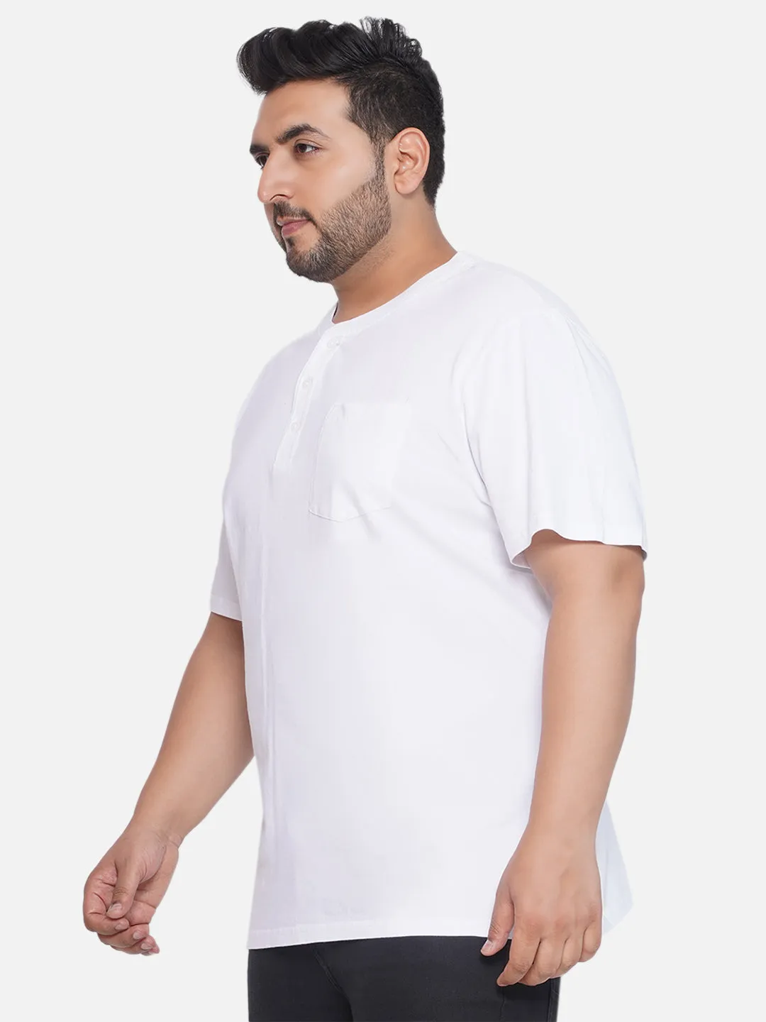 Denver Hayes - Plus Size Men's Regular Fit Pure Cotton White Solid Henley Neck Half Sleeve T-Shirt