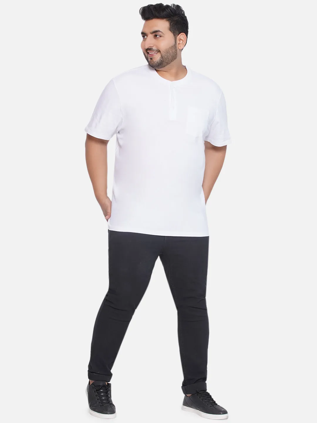 Denver Hayes - Plus Size Men's Regular Fit Pure Cotton White Solid Henley Neck Half Sleeve T-Shirt