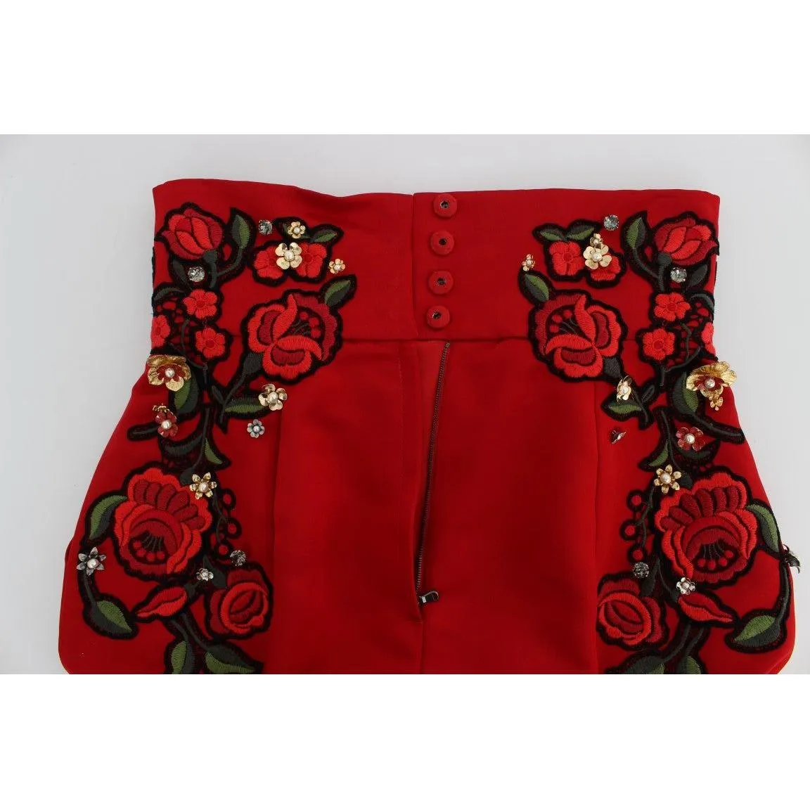 Dolce & Gabbana Red Silk Crystal-Embellished Mini Shorts