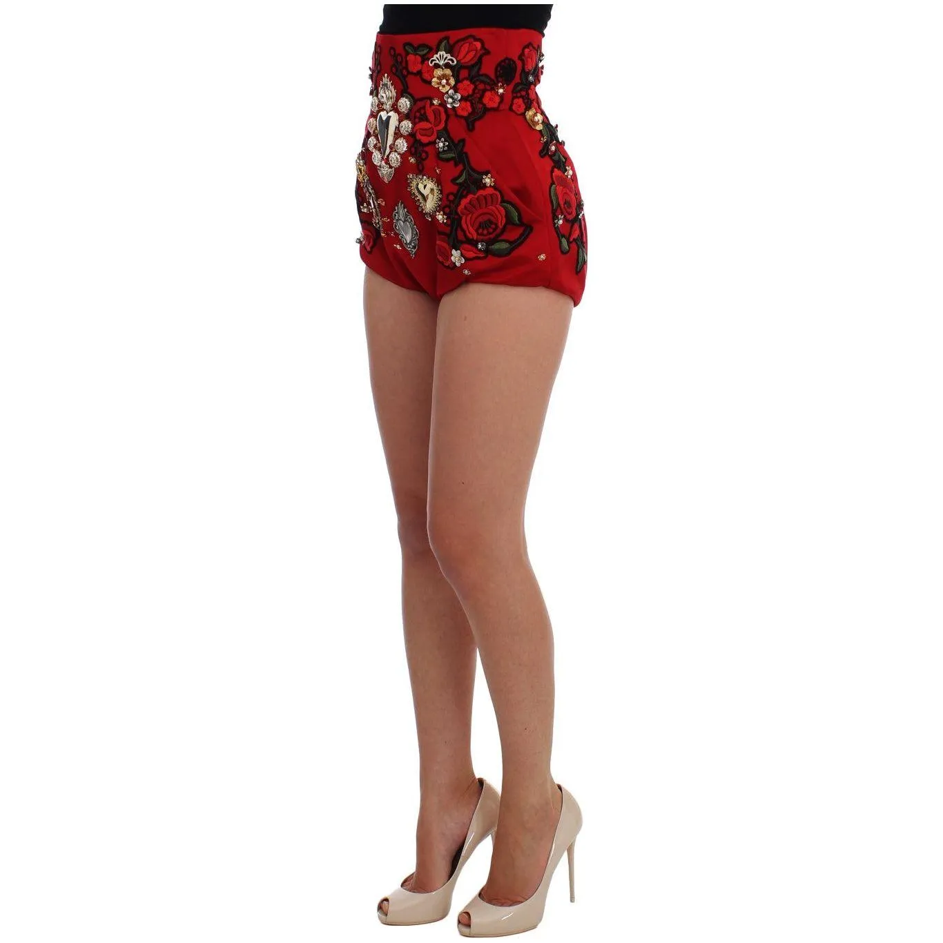 Dolce & Gabbana Red Silk Crystal-Embellished Mini Shorts