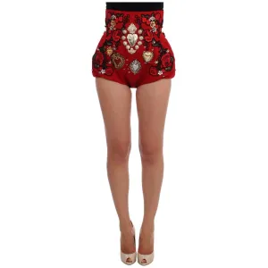 Dolce & Gabbana Red Silk Crystal-Embellished Mini Shorts