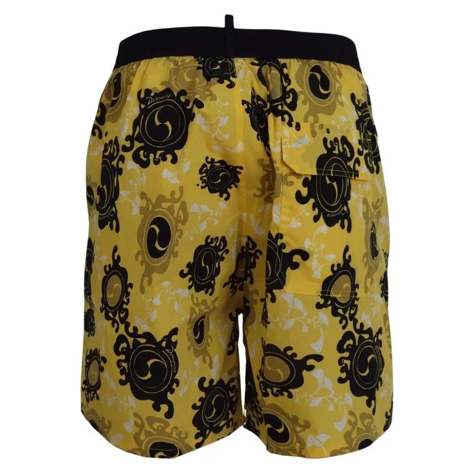 Dsquared² Yellow Black Printed Nylon Beachwear Shorts Swimwear