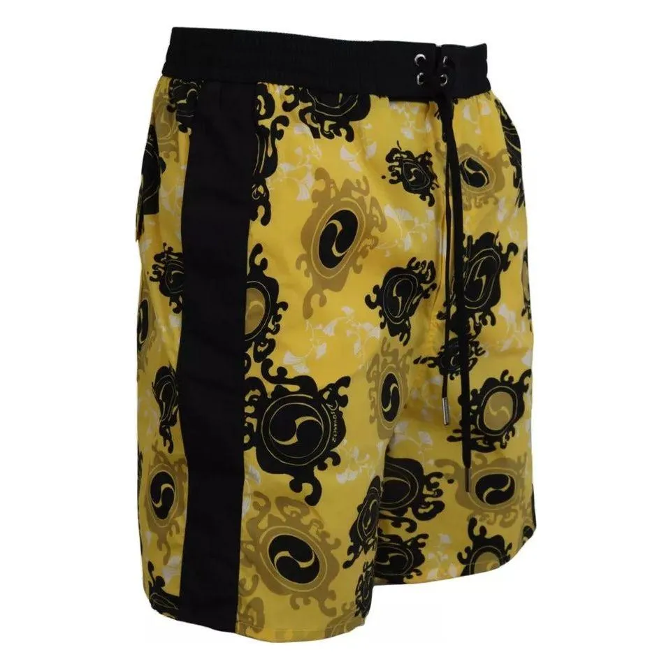 Dsquared² Yellow Black Printed Nylon Beachwear Shorts Swimwear