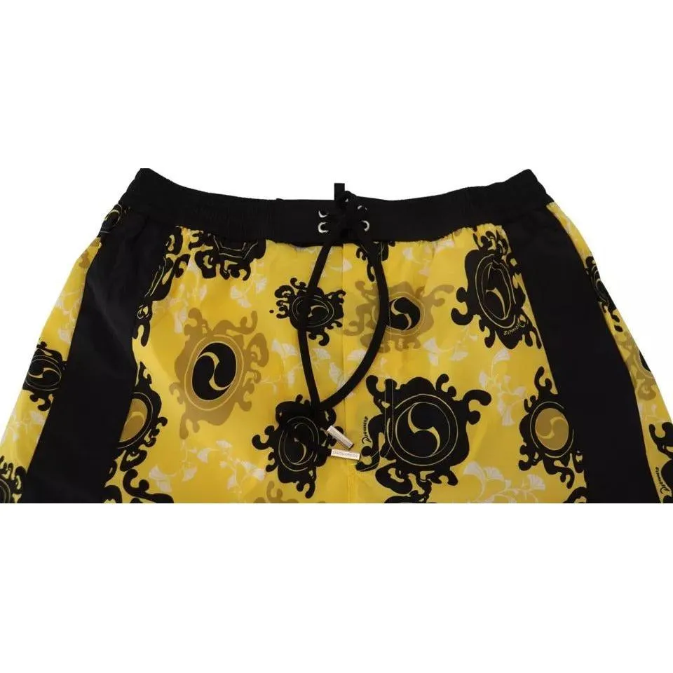 Dsquared² Yellow Black Printed Nylon Beachwear Shorts Swimwear