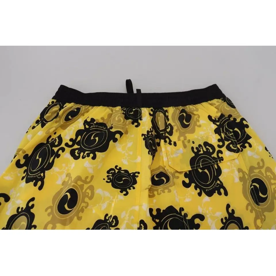 Dsquared² Yellow Black Printed Nylon Beachwear Shorts Swimwear