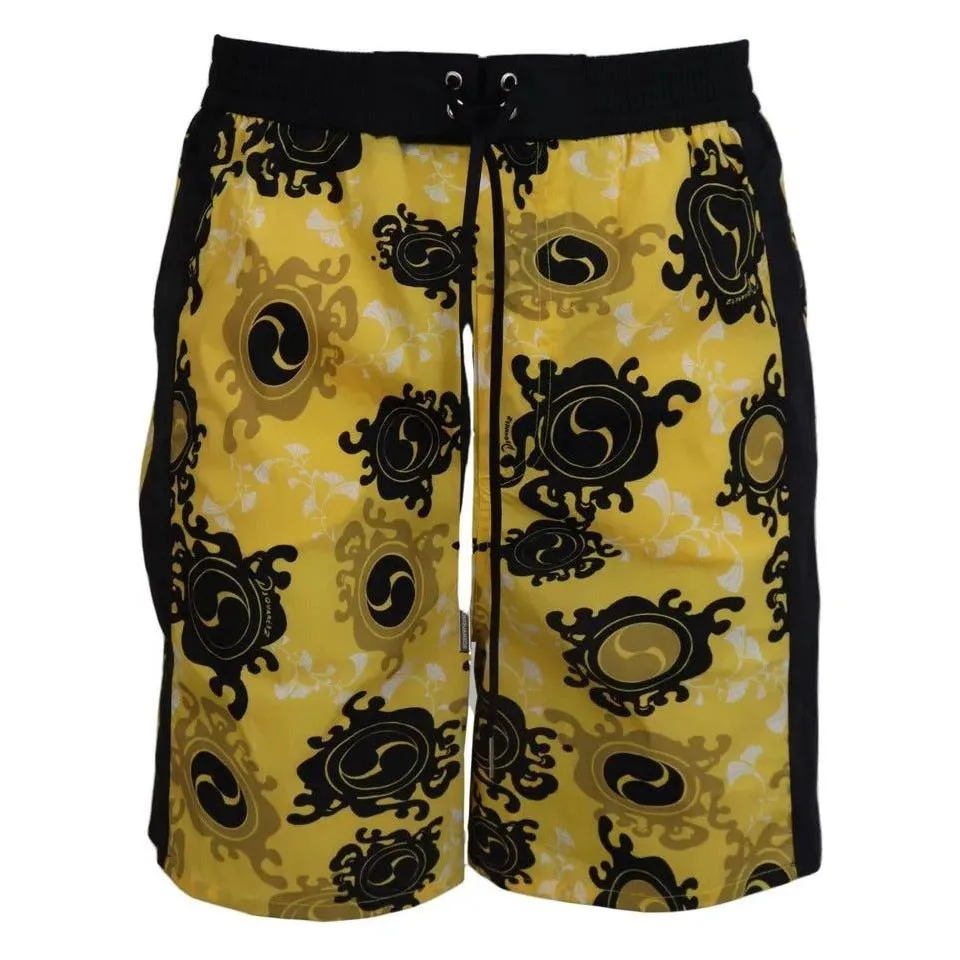 Dsquared² Yellow Black Printed Nylon Beachwear Shorts Swimwear