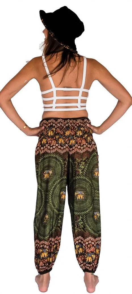 Elephant Design  Straight Leg Harem Pants in Green