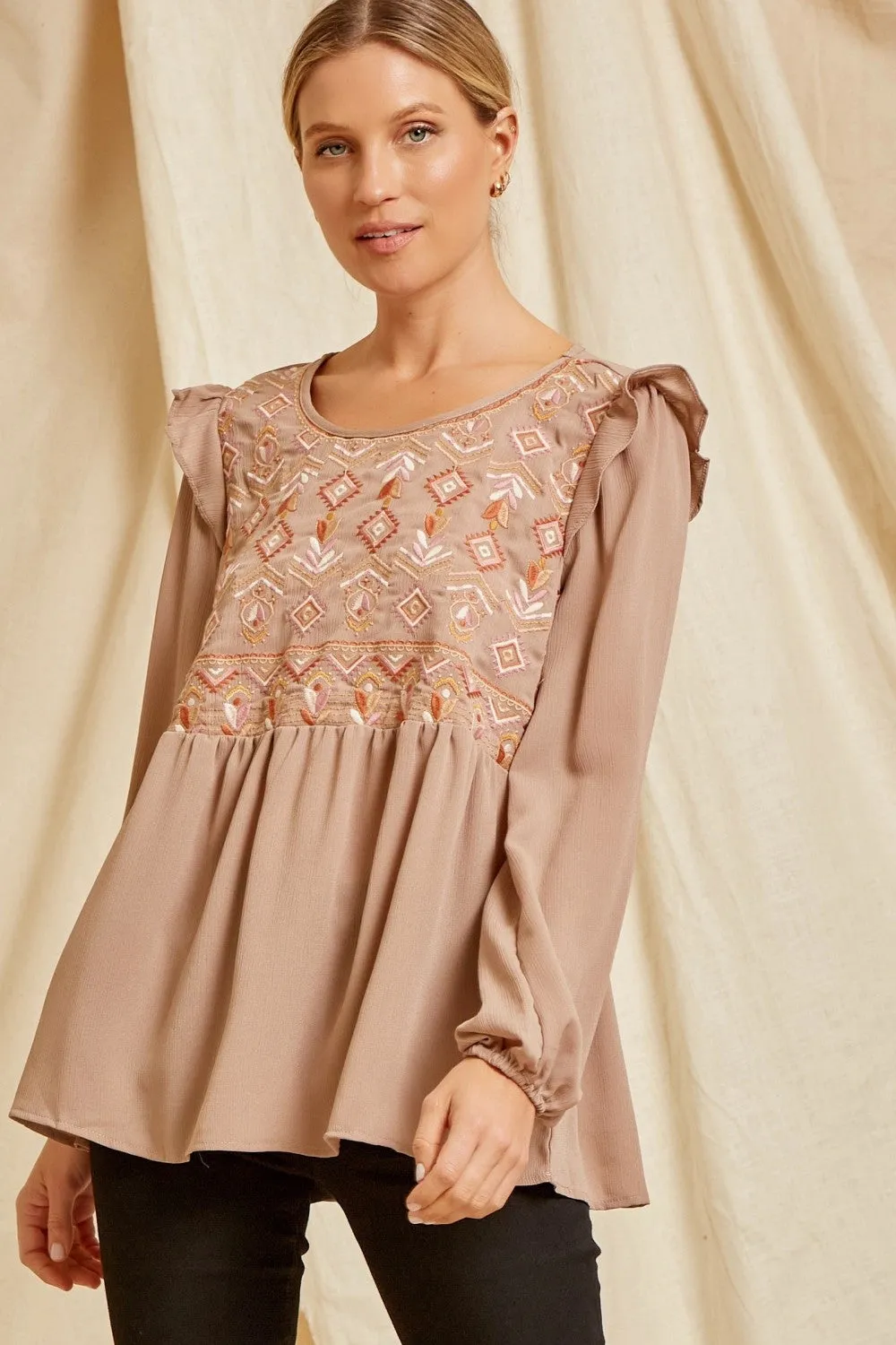 Embroidered Babydoll Ruffle Top, Mocha