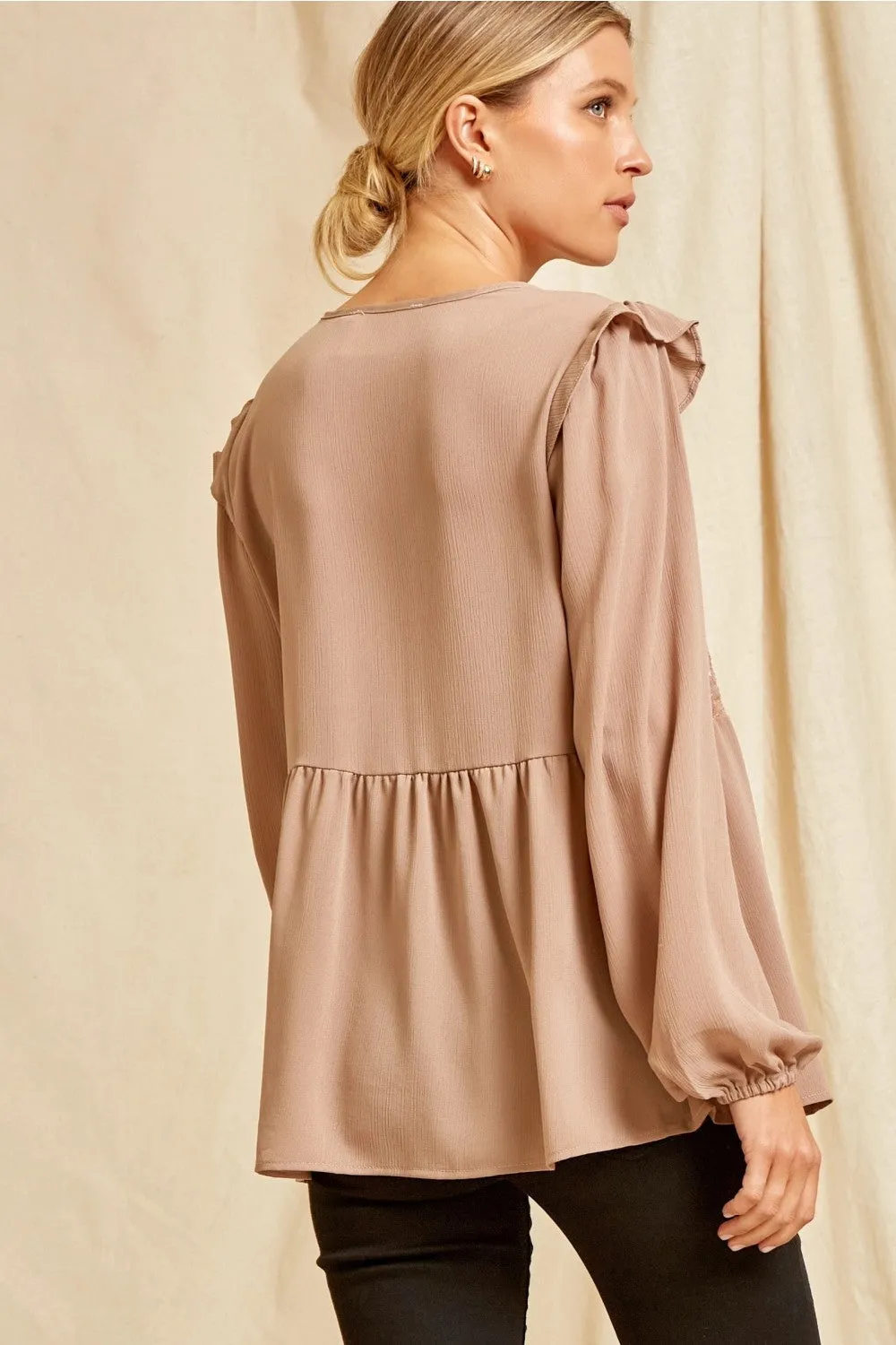 Embroidered Babydoll Ruffle Top, Mocha