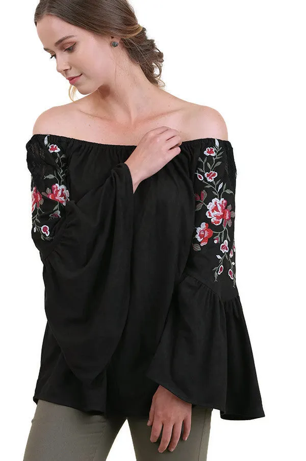 Embroidered Off the Shoulder Top, Black