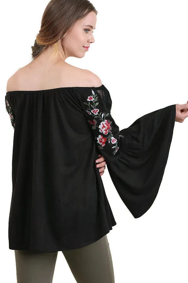 Embroidered Off the Shoulder Top, Black