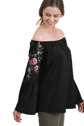 Embroidered Off the Shoulder Top, Black