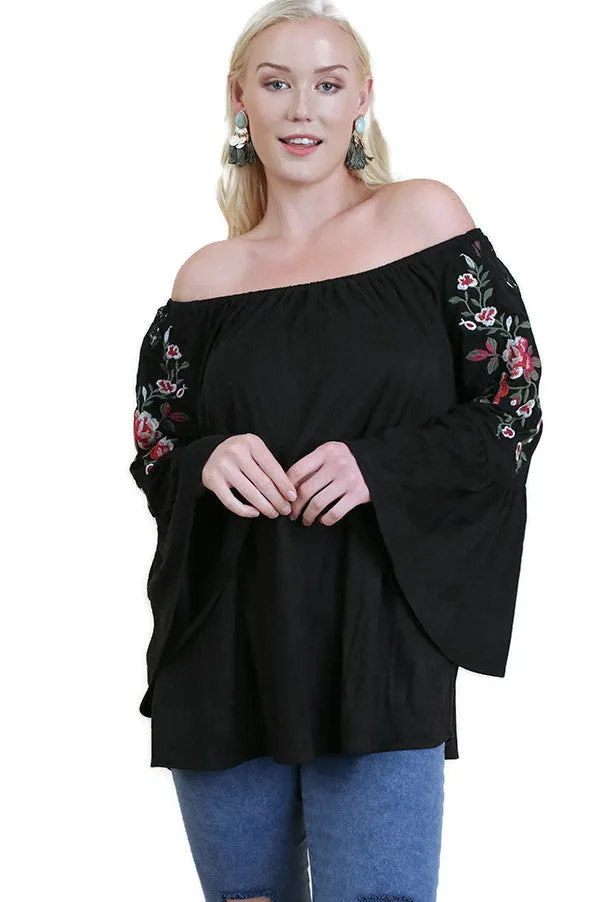 Embroidered Off the Shoulder Top, Black