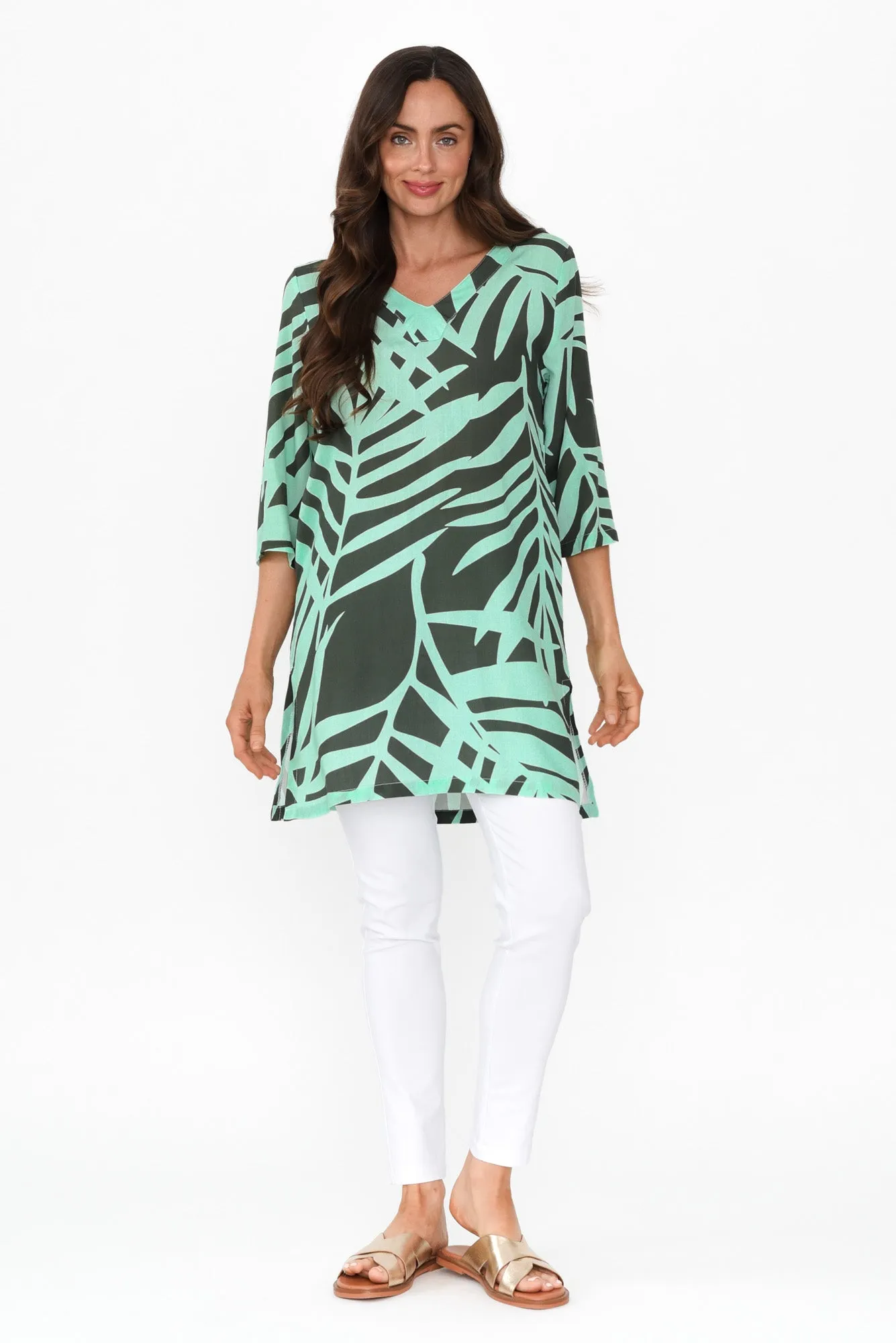 Enzo Aqua Leaf V Neck Tunic