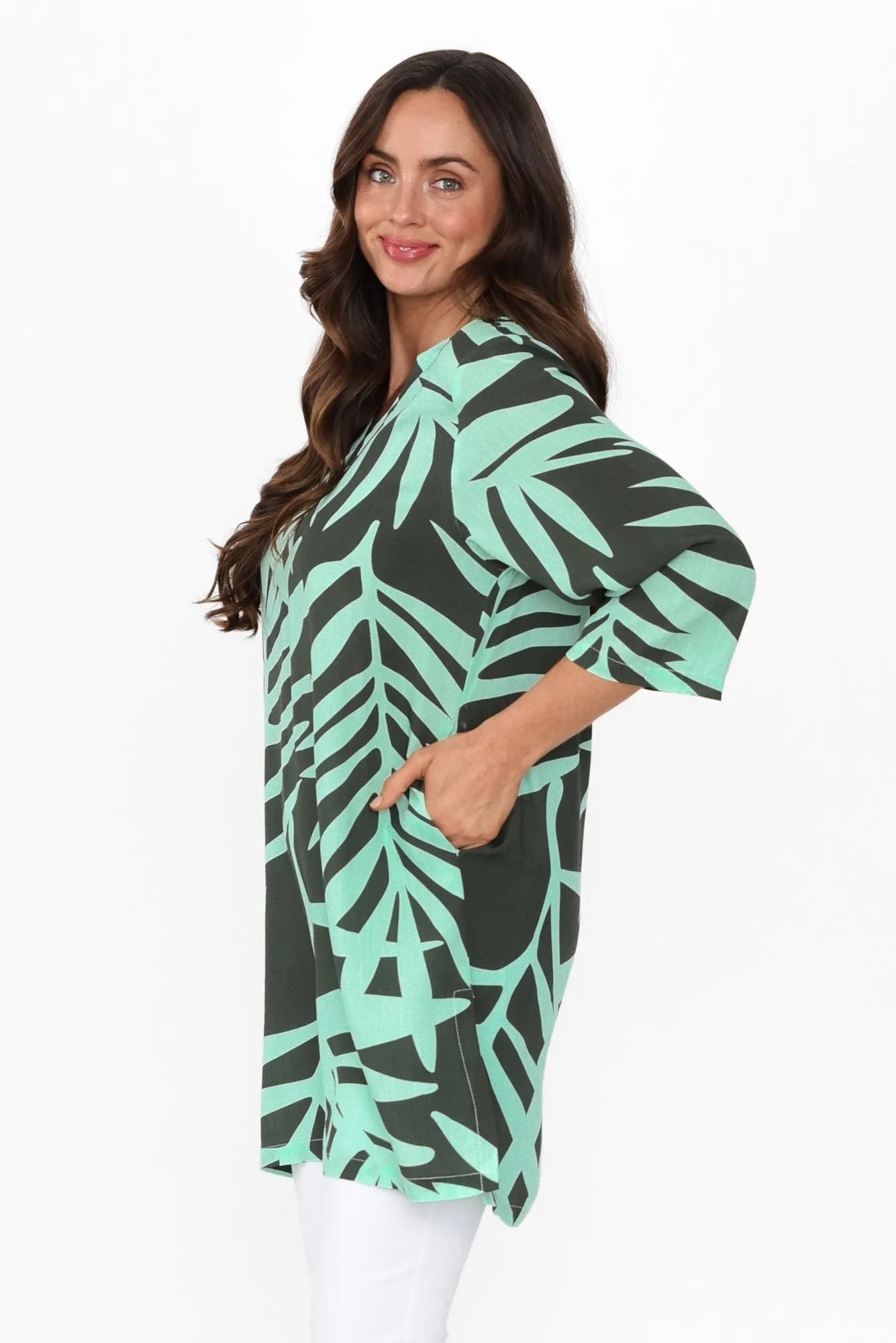 Enzo Aqua Leaf V Neck Tunic