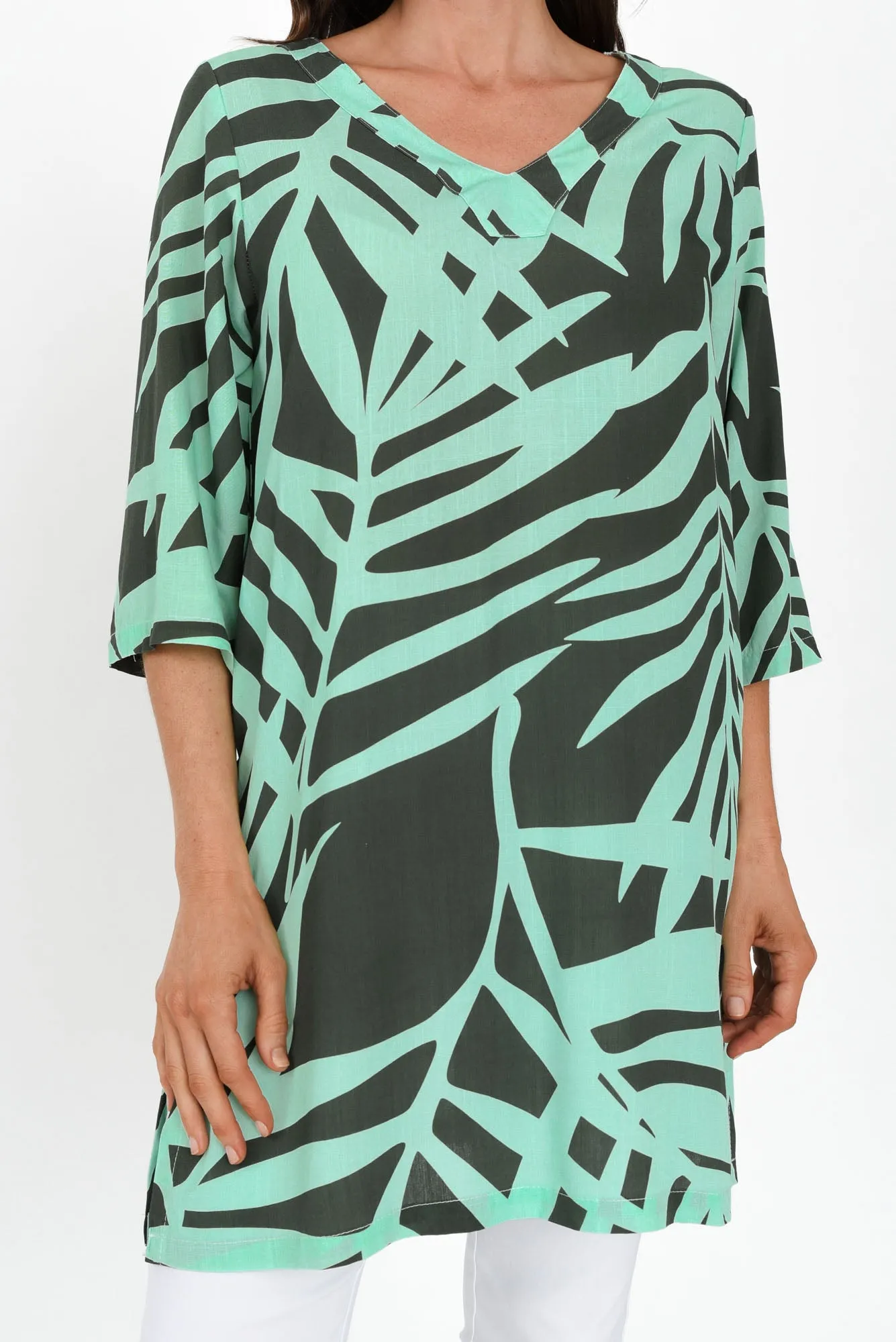 Enzo Aqua Leaf V Neck Tunic