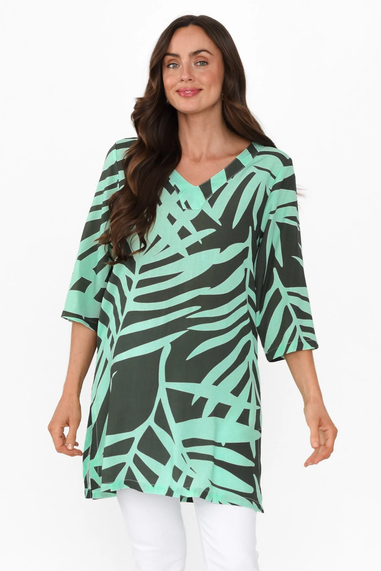 Enzo Aqua Leaf V Neck Tunic