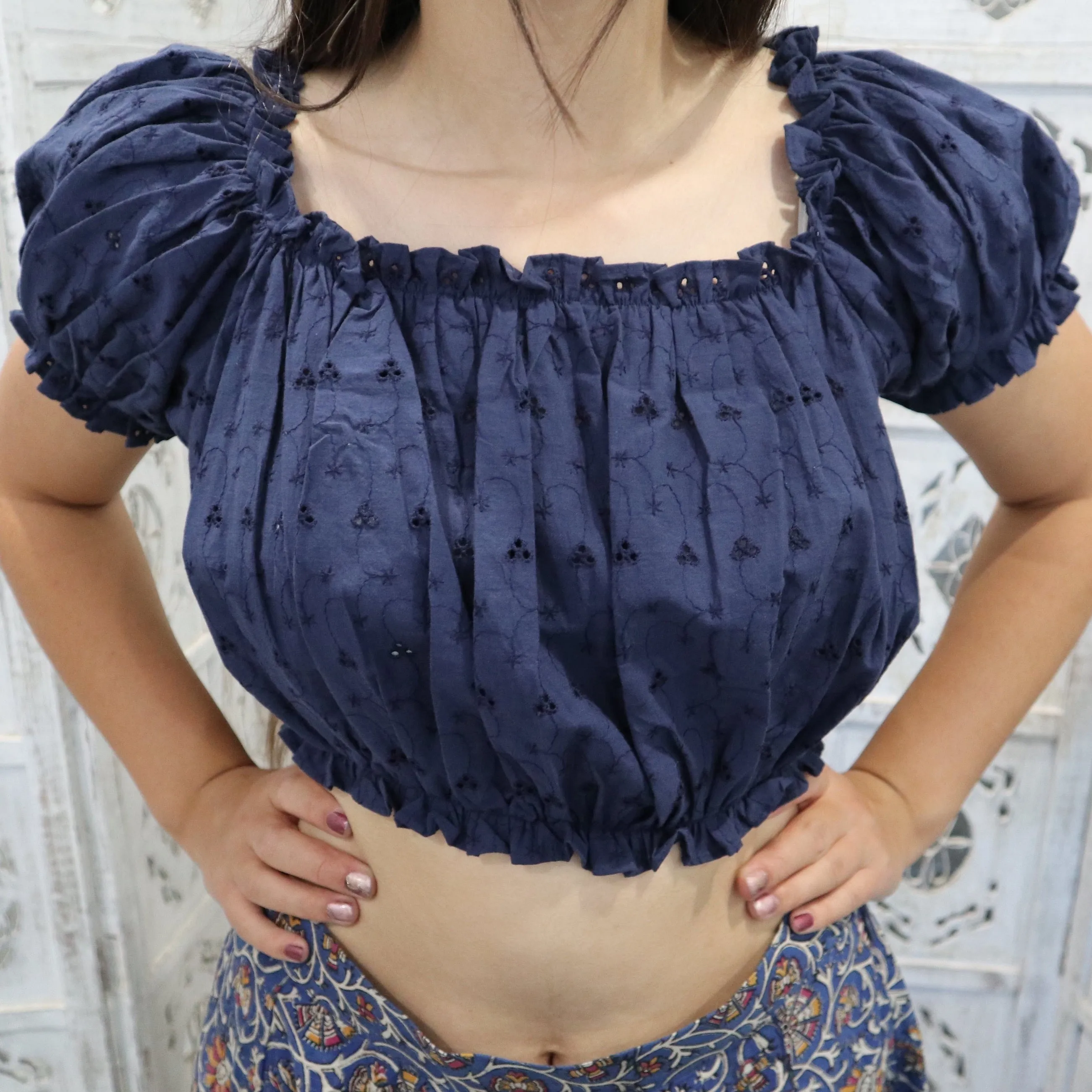 Fair Trade Embroidery Anglaise Cropped Peasant Top