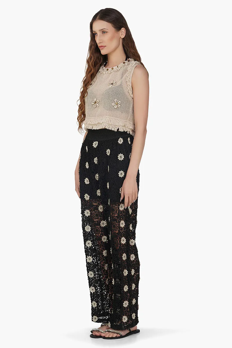 Floral Crochet Cut Out Black Pant