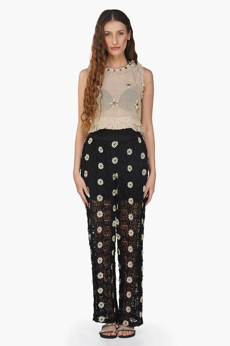 Floral Crochet Cut Out Black Pant