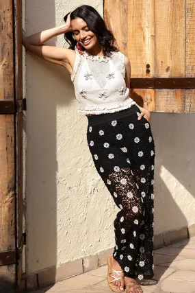 Floral Crochet Cut Out Black Pant