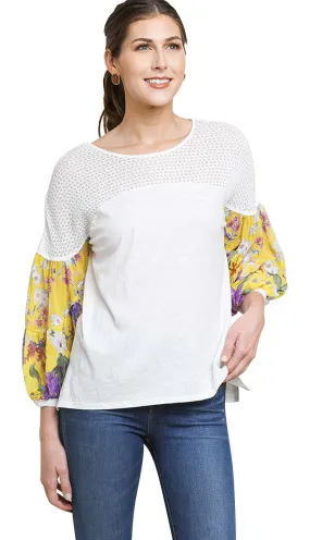 Floral Puff Sleeve Knit Top, Off White